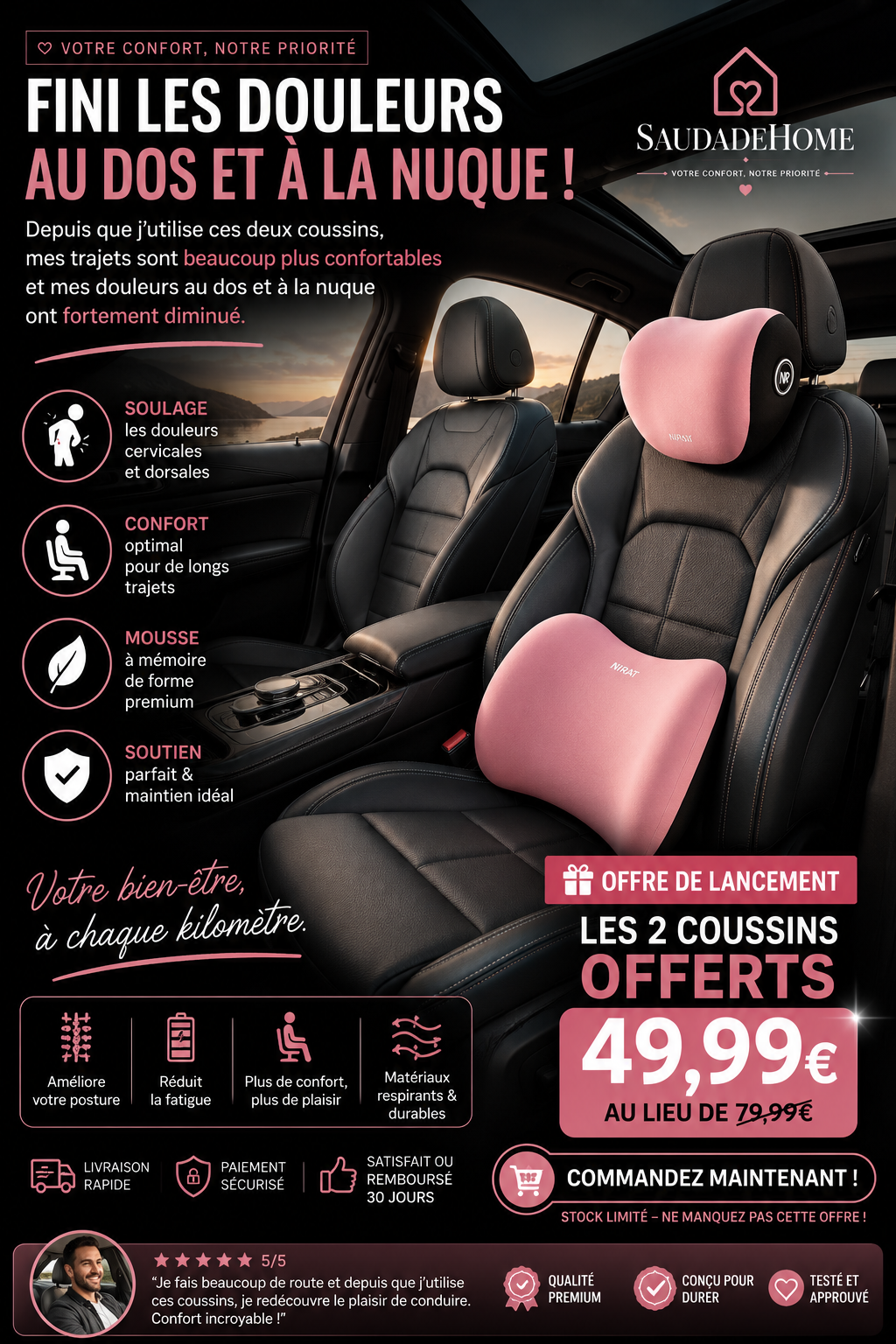 Coussin Lombaire Voiture — Soutien Dorsal & Cervical, Mémoire de Forme