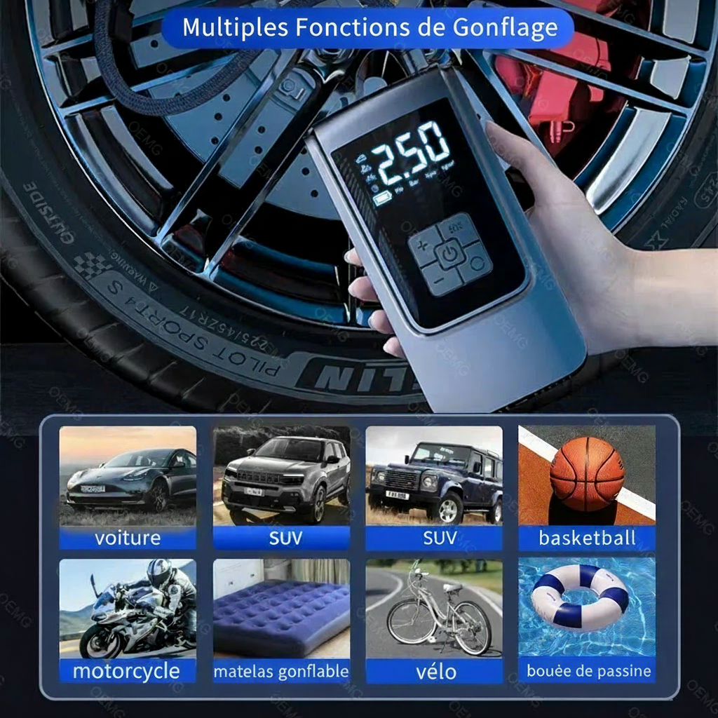 Gonfleur de Pneus Sans Fil — Compresseur d'Air Portable, Écran LCD, 150 PSI